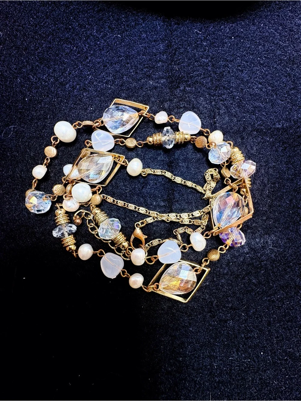 Vintage Elegant Gold-Tone Beaded Long Necklace with Clear and Cream Accents